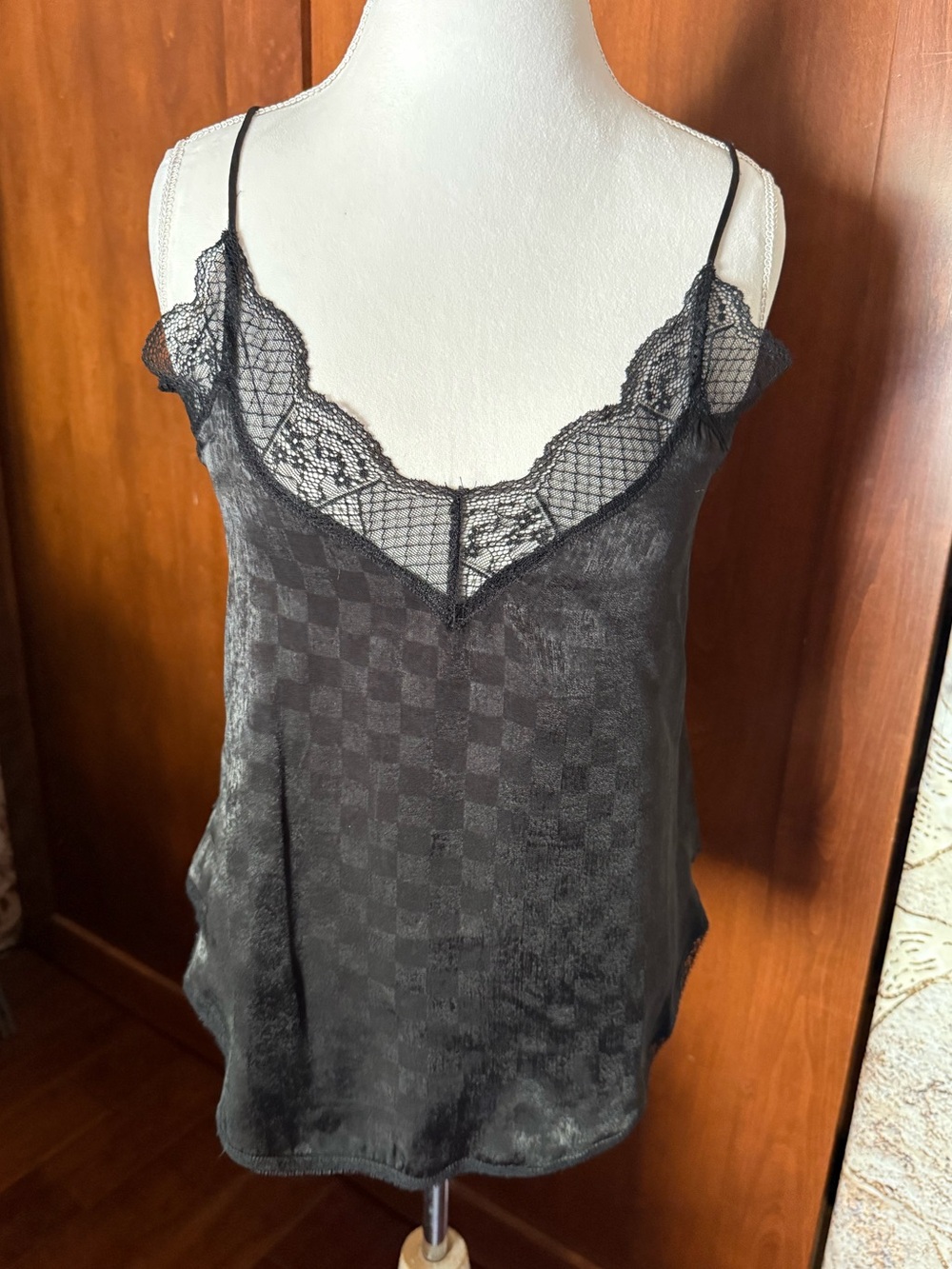 ⚜️ LOVESTITCH LACE TRIM CAMISOLE RACERBACK BLACK CHECK PATTERN S ⚜️